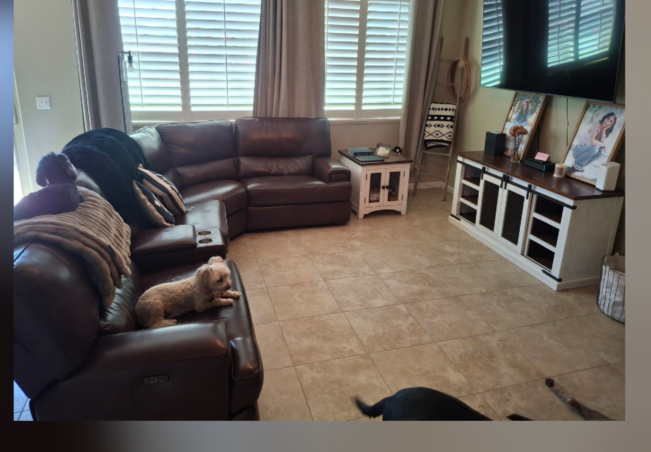 Living room with items on the floor and couch before and tidied and vacuumed after
