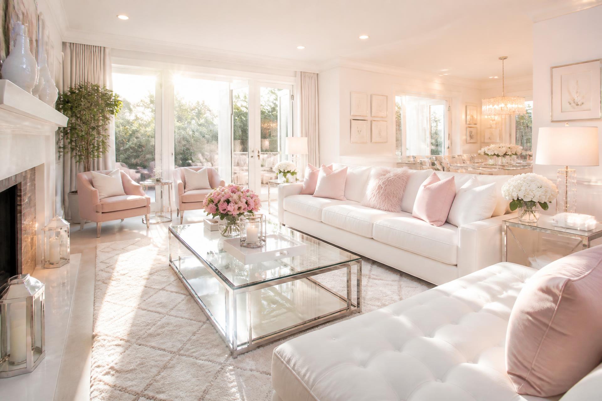 Bright, spotless living room with sunlight streaming across sparkling clean surfaces